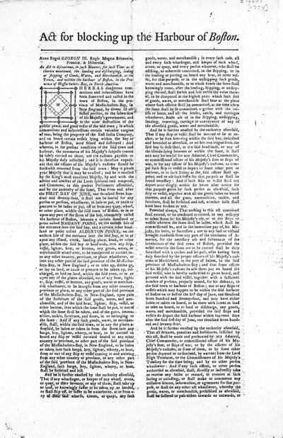 الصفحة الأولى من الخطوط العريضة التي تحدد قانون حظر ميناء بوسطن ، 1774 (ورق الصحف) بواسطة المدرسة الأمريكية