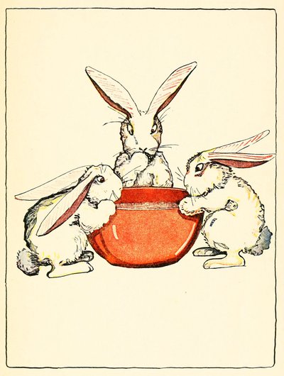تناول Flopsy و Mopsy و Cotton-Tail الخبز والحليب والتوت على العشاء عام 1916. بواسطة المدرسة الأمريكية