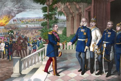 الحرب الفرنسية البروسية 1870-1871: استسلام نابليون الثالث بعد معركة سيدان ، 2 سبتمبر 1870. نقش بخط ملون ، أمريكي ، c1871 - حرب 1870: نابليون الثالث (1808-1873) أسير عقب معركة سيدان يلتقي ويليام أنا بروسيا (1797- بواسطة المدرسة الأمريكية