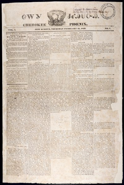 الصفحة الأولى من شيروكي فينيكس ، 21 فبراير 1828 (مطبوعة) بواسطة المدرسة الأمريكية