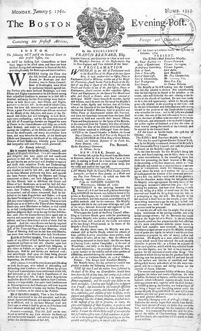 الصفحة الأولى من بوسطن إيفننج بوست تعلن وفاة الملك جورج الثاني (1683-1760) ، 5 يناير 1761 (طباعة) بواسطة المدرسة الأمريكية