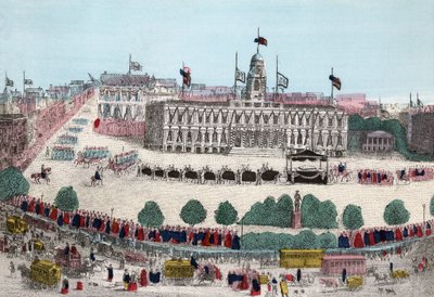 موكب جنازة أبراهام لنكولن ، 25 أبريل 1865 في نيويورك ، حانة. 1865 (نقش ملون يدوي) بواسطة المدرسة الأمريكية
