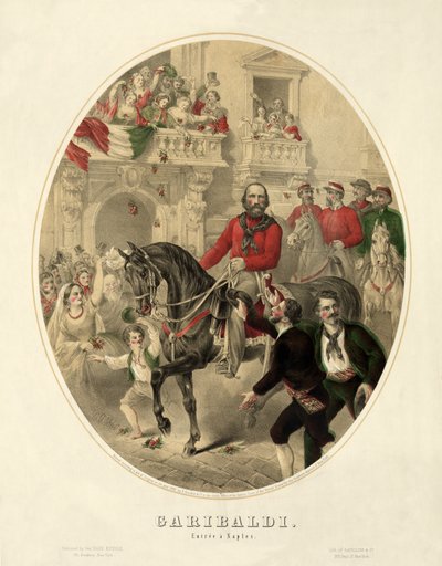 Garibaldi، entrée a Naples، pub. 1860 (نقش ملون يدوي) بواسطة المدرسة الأمريكية