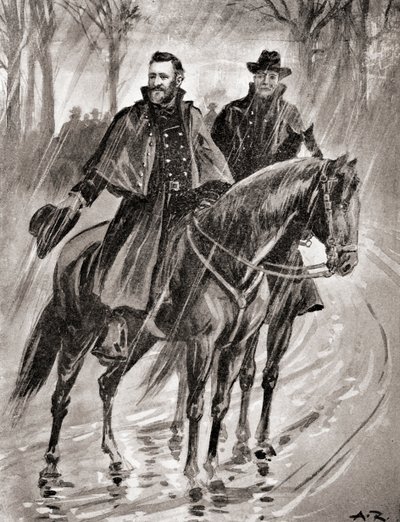 استطلاع الجنرال جرانت تحت المطر في بلمونت بولاية ميسوري، قبل المعركة في عام 1861، من كتاب quot;تاريخ بلادناquot;، المنشور عام 1905 (litho) بواسطة المدرسة الأمريكية
