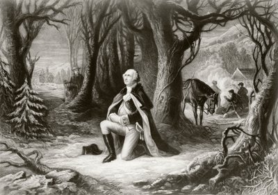 جورج واشنطن يصلي في معسكر الحرب الثورية الأمريكية في وادي فورج خلال شتاء 1777-1778 ، بعد لوحة رسمها هنري بروكينر بواسطة المدرسة الأمريكية