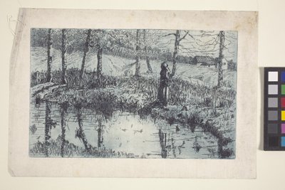 Girl By Pond (نقش ولون لوحة مطبوعة باللون الأزرق) بواسطة المدرسة الأمريكية