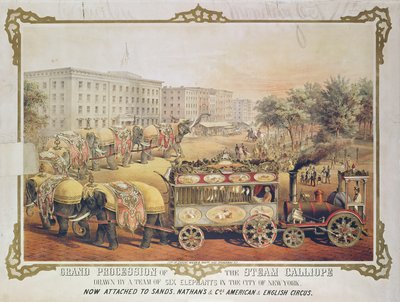 الموكب الكبير للبخار كاليوب رسمه فريق من ستة أفيال في مدينة نيويورك ، 1857 بواسطة المدرسة الأمريكية