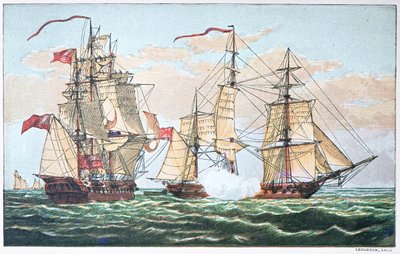 HMS Shannon vs the American Chesapeake in 1813 during the War of 1812 (colour litho) بواسطة المدرسة الأمريكية