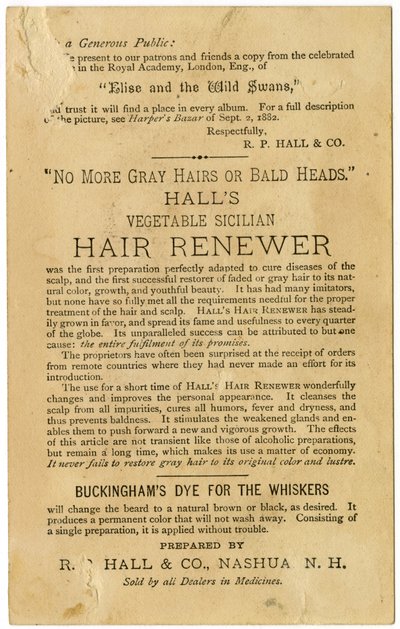 Halls Vegetable Sicilian Renewer، يعيد الشعر الرمادي إلى لونه الأصلي ويمنع الصلع. فيرسو (ليثوغراف [بطاقة تجارية]) بواسطة المدرسة الأمريكية