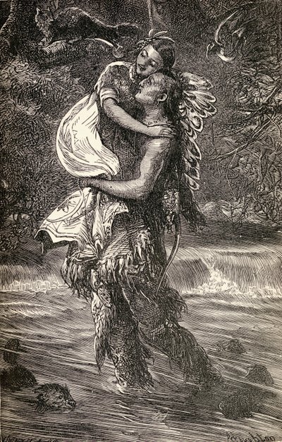 هياواثا ومينهاها ، رسم توضيحي من قصيدة "هياواثا" بقلم هنري وادزورث لونغفيلو (1807-1882) كتب عام 1855 بواسطة المدرسة الأمريكية