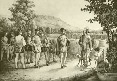 جاك كارتييه ، أول مقابلة له مع الهنود في Hochelaga الآن مونتريال في 1535 ، c.1850 بواسطة المدرسة الأمريكية