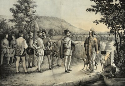 جاك كارتييه ، أول مقابلة له مع الهنود في Hochelaga الآن مونتريال في 1535 ، c.1850 بواسطة المدرسة الأمريكية