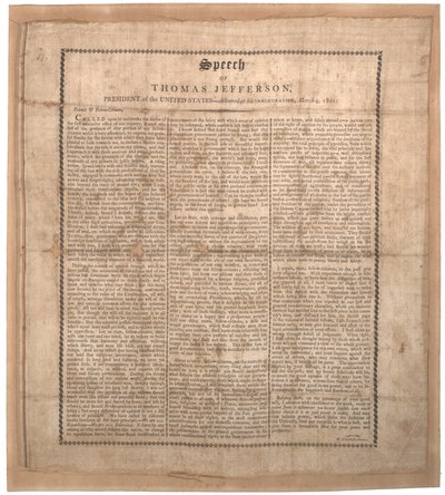 خطاب تنصيب جيفرسون الأول ، طبعه Pechin ، بالتيمور ، 4 مارس 1801 (ليثو على الحرير) بواسطة المدرسة الأمريكية
