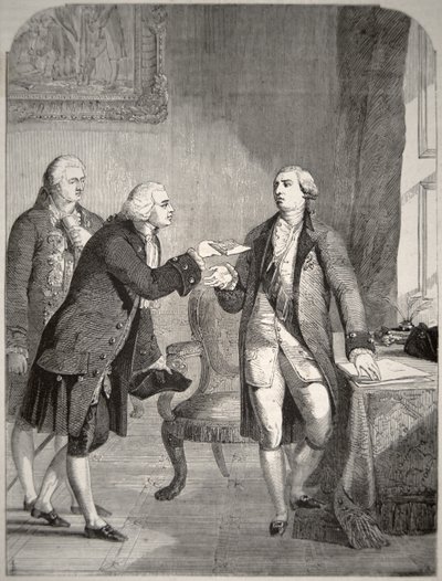 John Adams (1735-1826) as the First American Ambassador to the English Court, presenting his credentials to King George III (1738-1820) (lithograph) بواسطة المدرسة الأمريكية