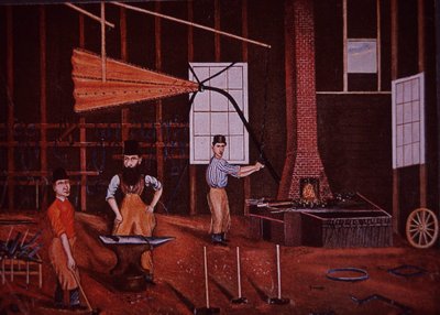 جون موهلر ستوديبيكر (وسط) ، صانع عربة ألماني أمريكي في ورشة العمل ، حوالي 1858 (لون ليثو) بواسطة المدرسة الأمريكية