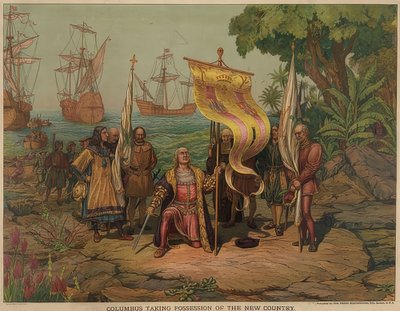 كولومبوس يهبط في جزيرة سان سلفادور في 12 أكتوبر 1492. 1893 بواسطة المدرسة الأمريكية