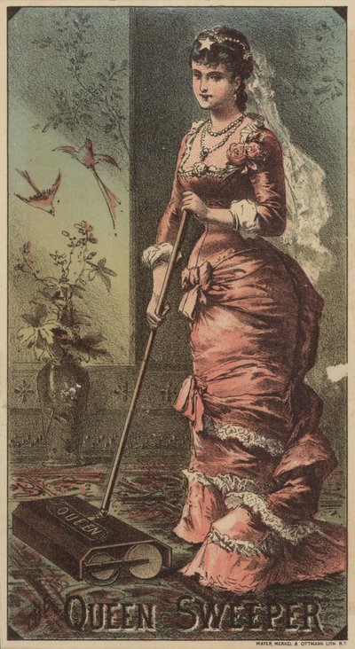 سيدة تستخدم مكنسة Queen Carpet Sweeper بواسطة المدرسة الأمريكية