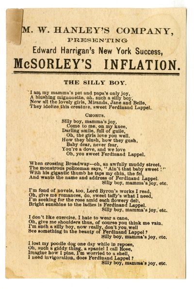 عرض MW Hanleys Col على إدوارد هاريجانز أحدث إصدارات NY Success ، McSorleys Inflation [بطاقة المسرح]. فيرسو ، ج 1882 (طباعة حجرية [بطاقة تجارية]) بواسطة المدرسة الأمريكية