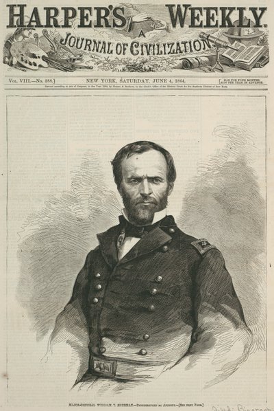 اللواء ويليام ت. شيرمان ، الصفحة الأولى من Harpers Weekly ، 1864 (نقش الخشب) بواسطة American School