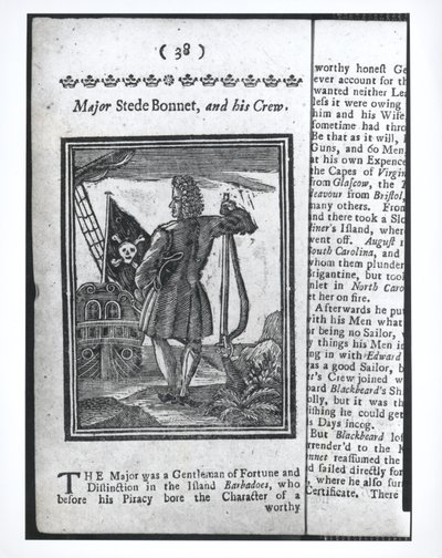 الرائد Stepe Bonnet ، الصفحة 38 من تاريخ وحياة جميع القراصنة الأكثر شهرة وأطقمهم ، لندن ، 1725 بواسطة المدرسة الأمريكية