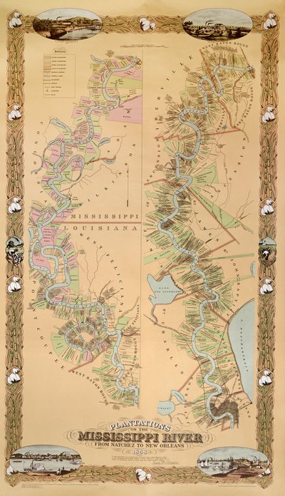 خريطة تصور المزارع على نهر المسيسيبي من ناتشيز إلى نيو أورلينز ، 1858 بواسطة المدرسة الأمريكية