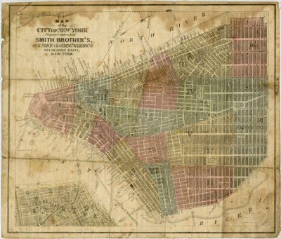 خريطة لمدينة نيويورك: معدة خصيصًا لـ Smith Brother؟ مستودع ملابس بسعر واحد ... أعده JH Colton & Co. ، 1854-1869 (حبر أسود وملون على ورق) بواسطة المدرسة الأمريكية