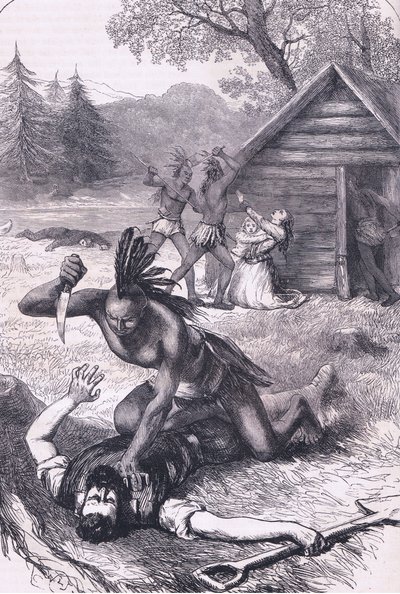 مذبحة المستوطنين ، رسم توضيحي من Cassell &39;s History of the United States Pub. بواسطة Petter & Galpin c.1890 بواسطة المدرسة الأمريكية