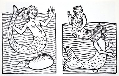 حوريات البحر و Mermen ، من الدليل العالمي للتماثيل ، الجنيات ، الجان وغيرهم من الأشخاص الصغار بقلم توماس Keightley (1789-1872) نشر عام 1880 ، (BW Engraving) بواسطة American School