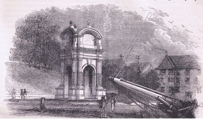 نصب تذكاري في نيو بلايموث للاحتفال بموقع هبوط الآباء الحجاج ، رسم توضيحي من حانة Cassell's History of the United States. بواسطة Petter & Galpin c.1890 (litho) بواسطة المدرسة الأمريكية