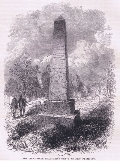 نصب تذكاري فوق قبر برادفورد في نيو بلايموث 1641 ، رسم توضيحي من حانة Cassell's History of the United States. بواسطة Petter & Galpin c.1890 (litho) بواسطة المدرسة الأمريكية