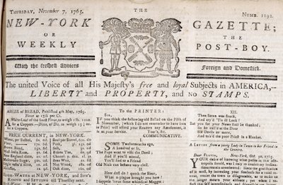 إعلان التسمية الرئيسية لجريدة New York Gazette يعلن معارضته للطوابع ، طبع في 7 نوفمبر 1765 (طباعة) بواسطة المدرسة الأمريكية