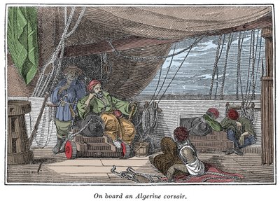 على متن سفينة قراصنة جزائريين رسم توضيحي من كتاب "The Pirates Own Book ، الروايات الأصيلة لأكثر لصوص البحر شهرة" بقلم تشارلز إلمز ، بوسطن 1837 بواسطة المدرسة الأمريكية