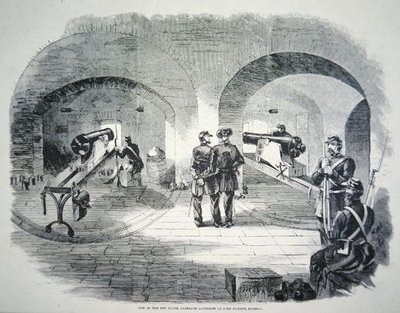 `` واحدة من بطاريات الكاسمات العشر في فورت ديكنز ، فلوريدا '' ، تحت سيطرة الاتحاد في عام 1861 (الليثو) بواسطة المدرسة الأمريكية