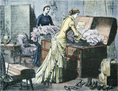 تعبئة جذع ساراتوجا لرحلة القطار إلى ساراتوجا سبرينجز ، نيويورك ، حوالي 1880 (نقش ملون) بواسطة المدرسة الأمريكية