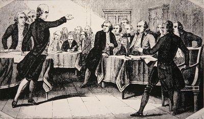 باتريك هنري أمام جمعية فرجينيا في مارس 1775 (ليثو) بواسطة المدرسة الأمريكية
