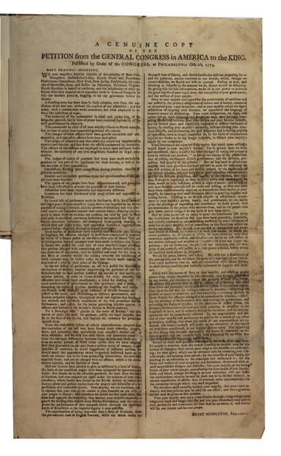 عريضة من المؤتمر العام في أمريكا إلى الملك ، المؤتمر القاري ، 26 أكتوبر 1774 بواسطة American School