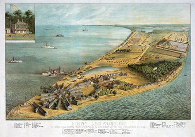 Point Lookout، MD - منظر لمستشفى هاموند العام والمستودع العام الأمريكي لأسرى الحرب ، حانة. 1864 بواسطة المدرسة الأمريكية