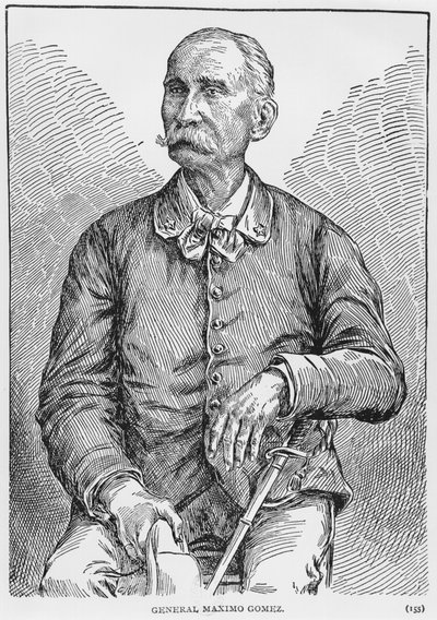 صورة للجنرال ماكسيمو جوميز (1836-1905) من قصة كوبا بقلم مراد هالستيد ، نُشر عام 1898 بواسطة المدرسة الأمريكية