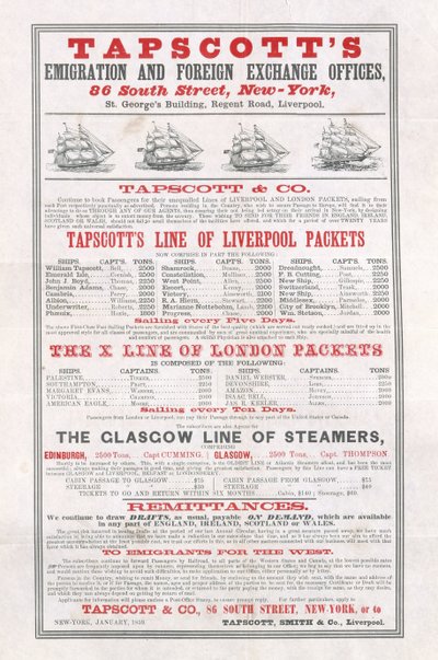 إعلانات الملصقات ، مكاتب Tapscotts للهجرة والصرف الأجنبي ، نيويورك ، يناير 1859 بواسطة American School