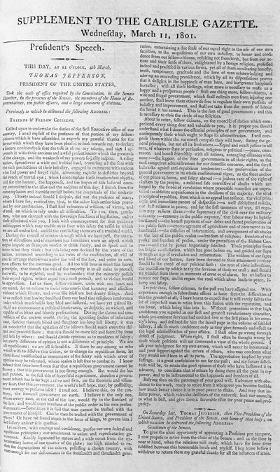 خطاب تنصيب الرئيس جيفرسون ، ملحق لجريدة كارلايل ، 11 مارس 1801 بواسطة المدرسة الأمريكية