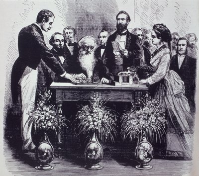 البروفيسور صموئيل فينلي بريس مورس (1791-1872) يشرح وظيفة اختراعه بواسطة المدرسة الأمريكية