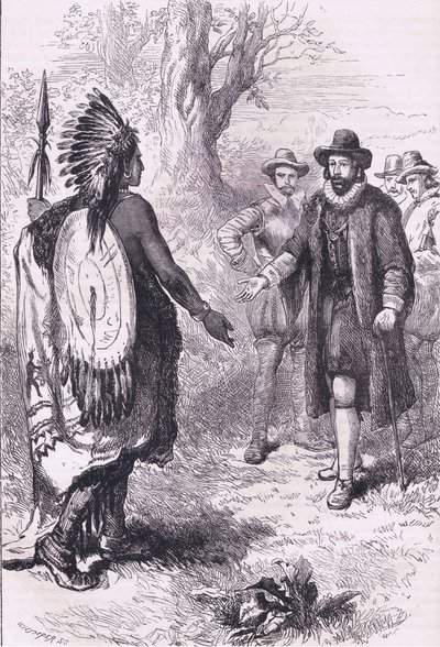 استقبال محارب Naragansett ، رسم توضيحي من حانة Cassell's History of the United States. بواسطة Petter & Galpin c.1890 (litho) بواسطة المدرسة الأمريكية