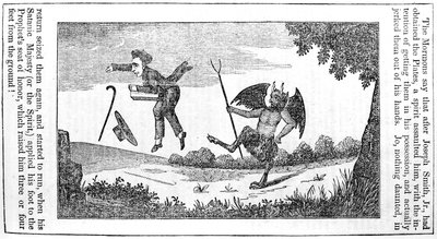 الشيطان يركل جوزيف سميث (1805-44) من الصفحة الخلفية لتقويم مكافحة المورمون لعام 1842 بواسطة المدرسة الأمريكية