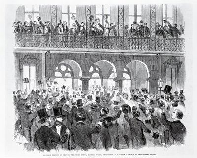 اجتماع الانفصال أمام دار ميلز ، ميتنج ستريت ، تشارلستون ، ساوث كارولينا ، حوالي 1860 (نقش) (صورة بالأبيض والأسود) بواسطة المدرسة الأمريكية