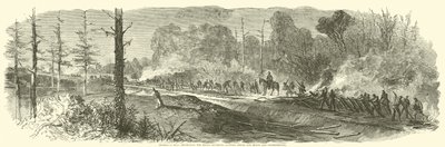 قام جيش شيرمان بتدمير سكك حديد ماكون بين Rough و Ready و Jonesborough ، أغسطس 1864 بواسطة المدرسة الأمريكية