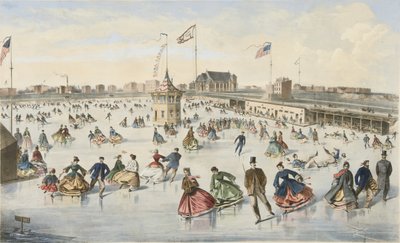 التزحلق على Union Pond، pub. 1863 (لون ليثو) بواسطة المدرسة الأمريكية