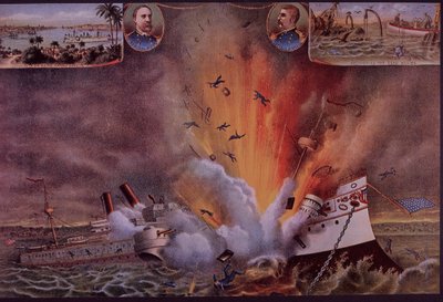 الحرب الإسبانية الأمريكية عام 1898 ، نسف يو إس إس مين في ميناء هافانا بواسطة المدرسة الأمريكية