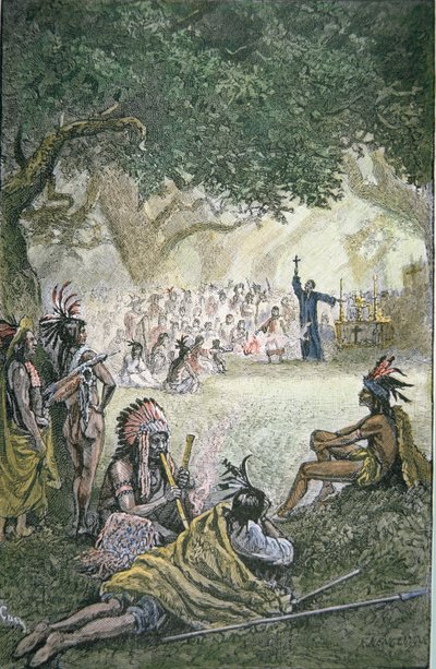 Spanish Jesuit Missionaries converting Native Americans in California in the 17th century (colour litho) بواسطة المدرسة الأمريكية