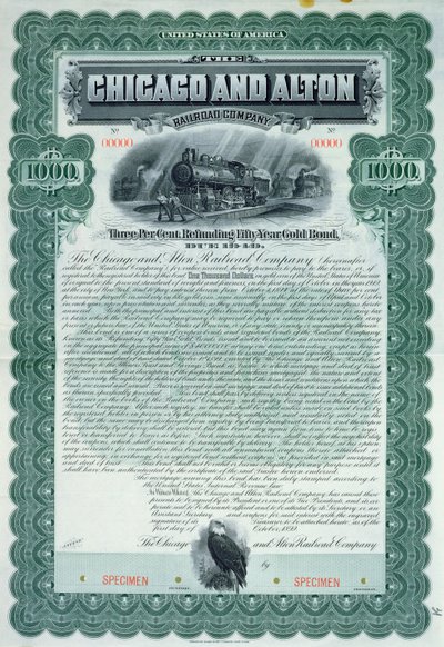 شهادة سندات عينة بقيمة 1000 دولار لشركة شيكاغو وألتون للسكك الحديدية ، 1899 بواسطة المدرسة الأمريكية