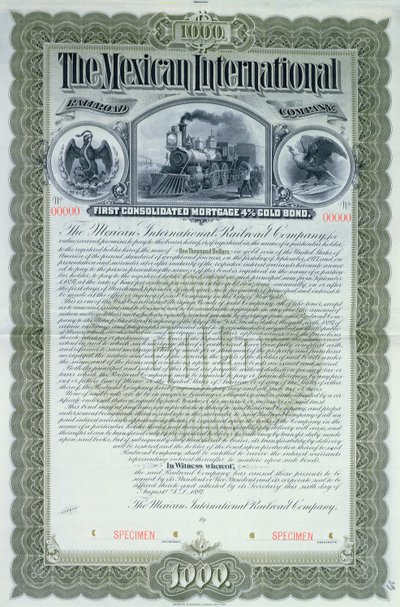 شهادة سندات عينة بقيمة 1000 دولار لشركة السكك الحديدية المكسيكية الدولية ، 1897 بواسطة المدرسة الأمريكية